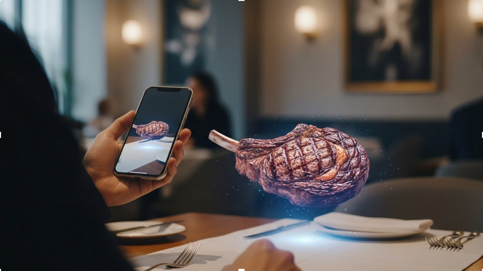 3D AR steak hologram floating above restaurant table viewed through phone
